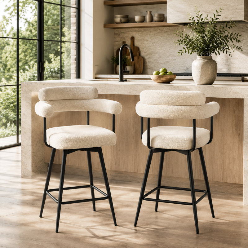 Tabouret de comptoir pivotant en lin avec dossier incurvé et structure en métal Kiylan, Lin beige