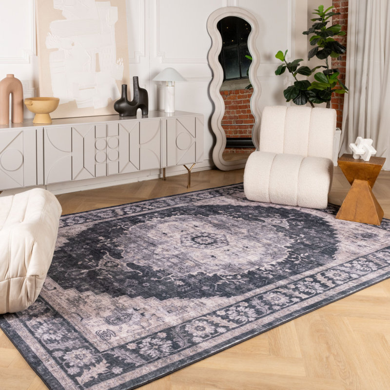 Tapis oriental noir et gris 8 pi x 11 pi, Rectangle 7 pi 7 po x 10 pi 10 po