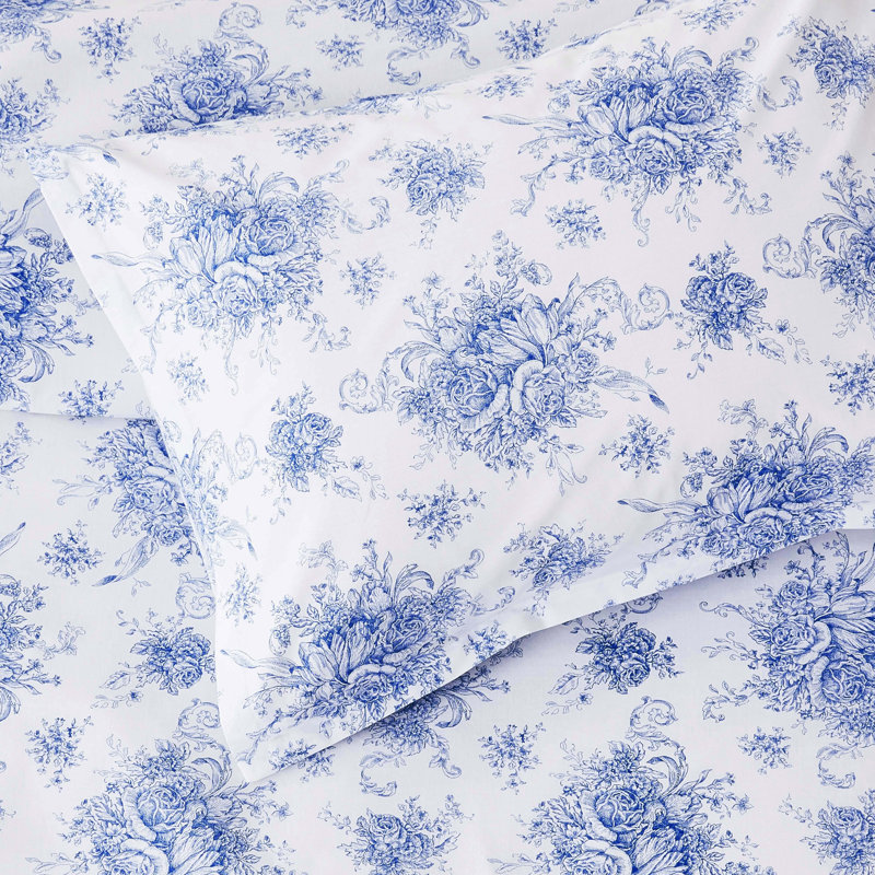 Floral Etching Percale Cotton Duvet Set, Navy, King Duvet Cover + 2 Pillow Shams