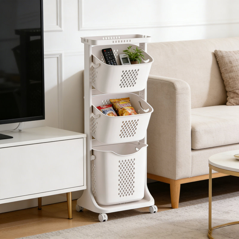 Panier à linge roulant en plastique avec 3 paniers et une tablette supérieure, rangement H 42,7 po