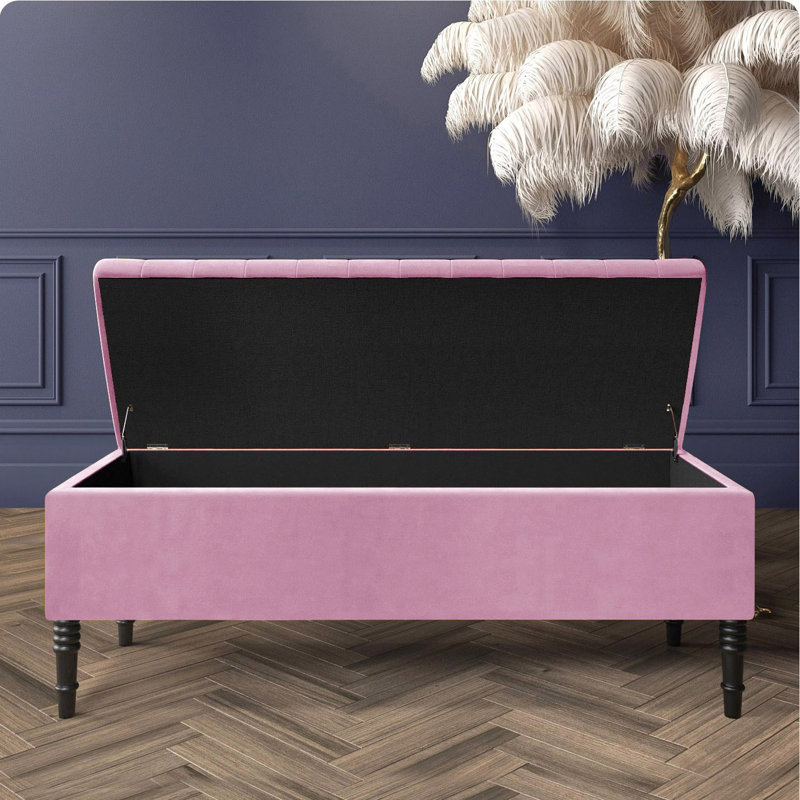 Paris Striped Ottoman Storage Bench - Upholstered Plush Velvet Shoes Bench with Black Turned Wooden Legs, Pink
