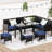 Garden Furniture , 7 - Piece, Space Saving Design, Waterproof Seat Covers, All Weather Material Outdoor Patio Dark Blue, Comfortable High Elastic Cushions, Powder Coated Steel Frame-925863867