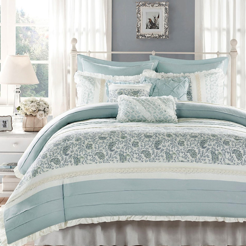 Literie 9 pièces - Housse de couette pour grand lit en coton, Queen Duvet Cover + 8 Additional Pieces, White/Blue