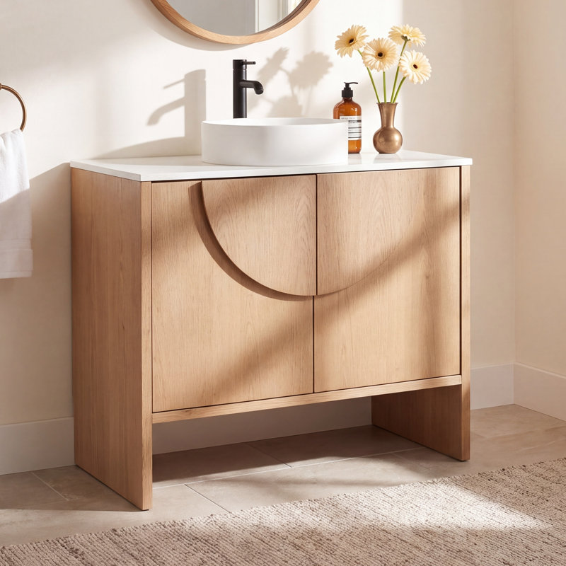 Arno 36'' Natural Oak Veneer plywood Bathroom Vanity with Solid Surface Top, Pecan Oak