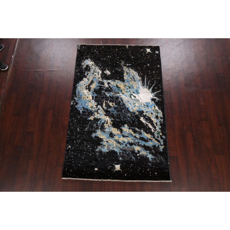 Tapis noir / bleu / blanc noué à la main de conception unique 4 pi 7 po x 7 pi 2 po New Age