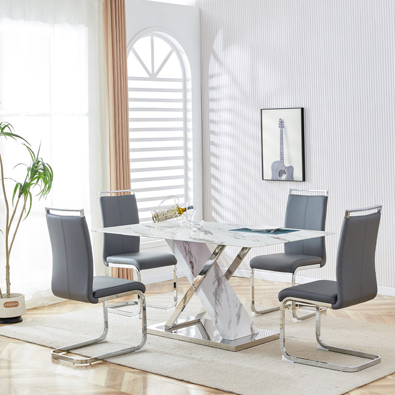 Glass Dining Table Set For 6, 5, Gray/Silver