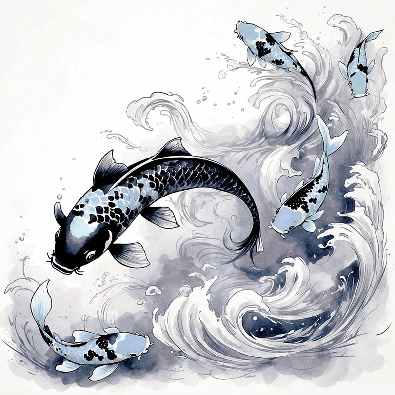 Rideau de douche Jino Koi, Bleu