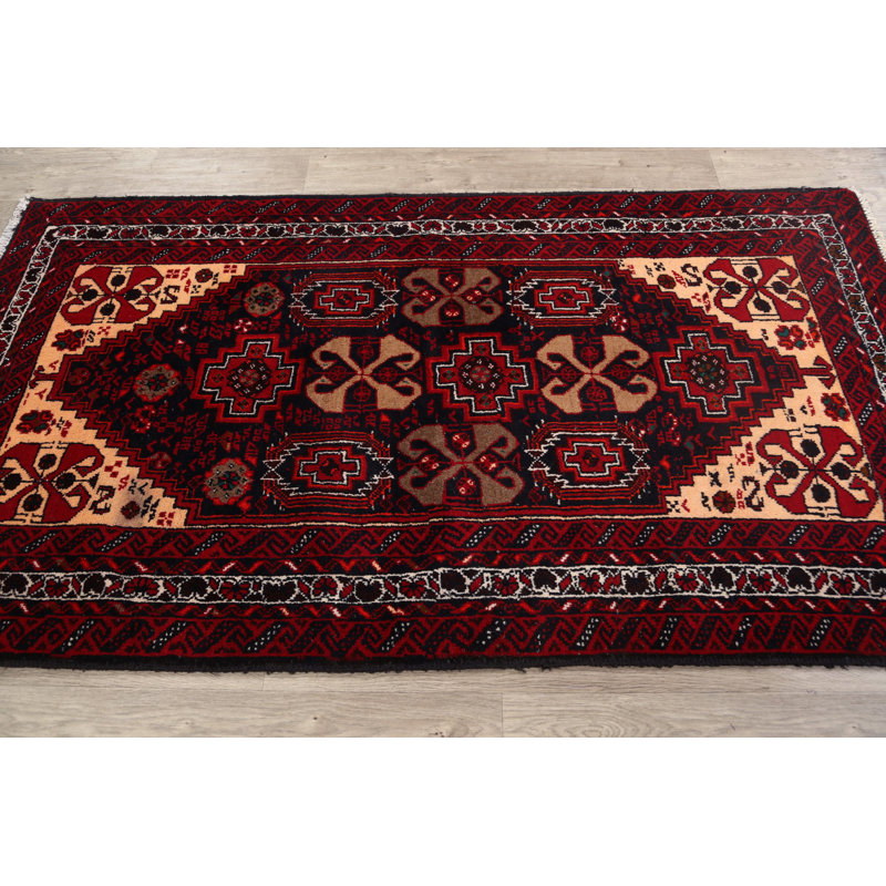 Tapis décoratif en laine de conception unique noué à la main New Age Balouch noir/rouge 3 pi 8 po x 6 pi 7 po