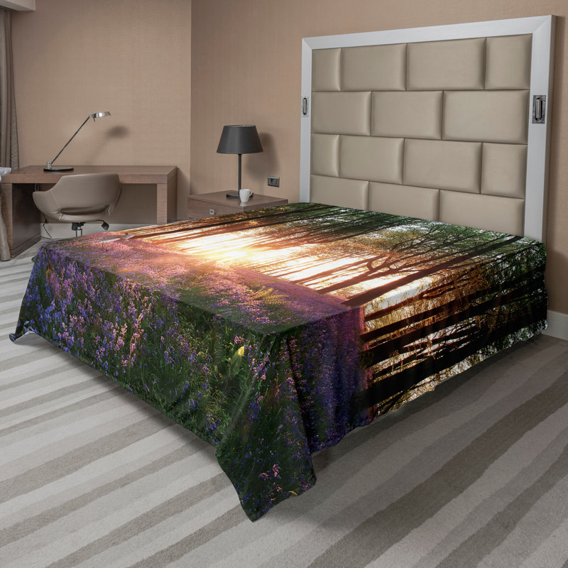 Ambesonne Forest Top Flat Sheet Sunrise Woods in Spring Purple Green, Full Flat Sheet