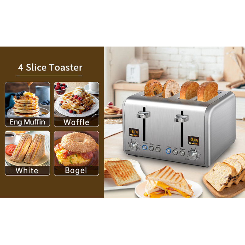 Seedeem 4 Slice Stainless Toaster - Color Lcd Display, 7 Shade Settings, 1.5'' Wide Slots With Bagel/defrost/reheat Functions, Removable Crumb Tray, Silver Metallic, 1800w