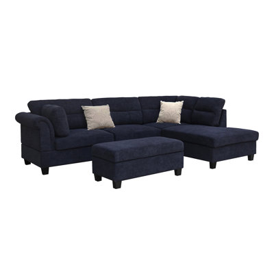 Diego 100"W Black Fabric Sectional Sofa With Right Facing Chaise, Storage Ottoman, And 2 Accent Pillows