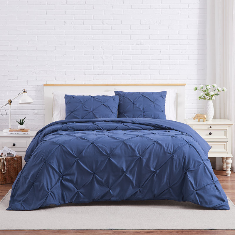 Pinch Pleated, Pintuck Duvet Cover Set with matching shams, Twin Duvet + 1 Standard Sham, Dark Blue