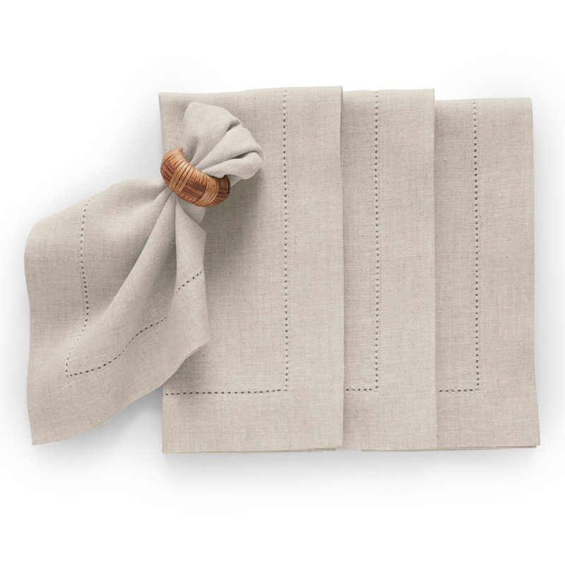 Medium Weight Hemstitch - 100% Pure Linen Dinner Napkins, Light Natural