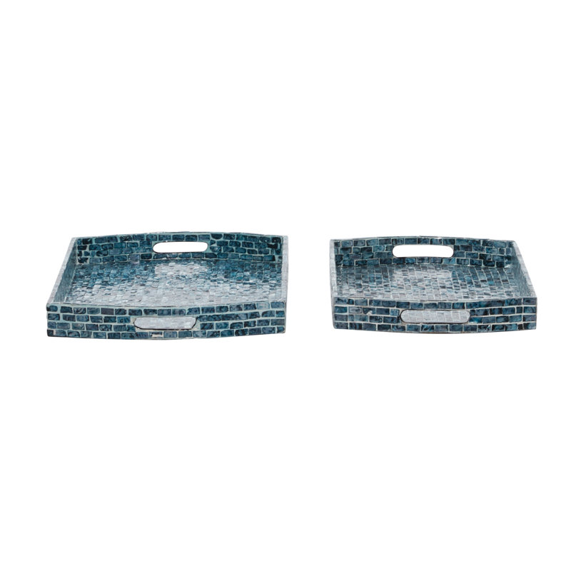 Blue Wood Living Room Decor Tray with Slot Handles