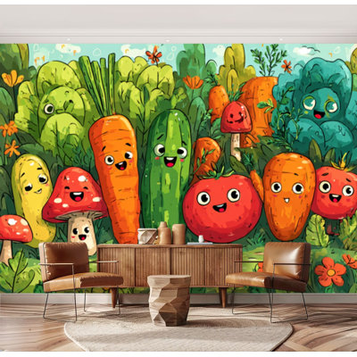 Wall Mural Peel and Stick Cheerful Cartoon Vegetables Happy Fruits Vibrant Garden Large Wallpaper Self-Adhesive Removable Contact Paper Wall Decor for Living Room Bedroom Nursery 69"H x 96"W