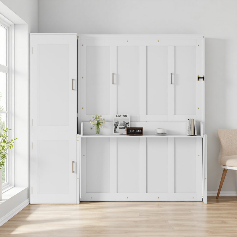 Grand lit escamotable en bois avec garde-robe, lit escamotable mural peu encombrant avec bureau, vérins à gaz