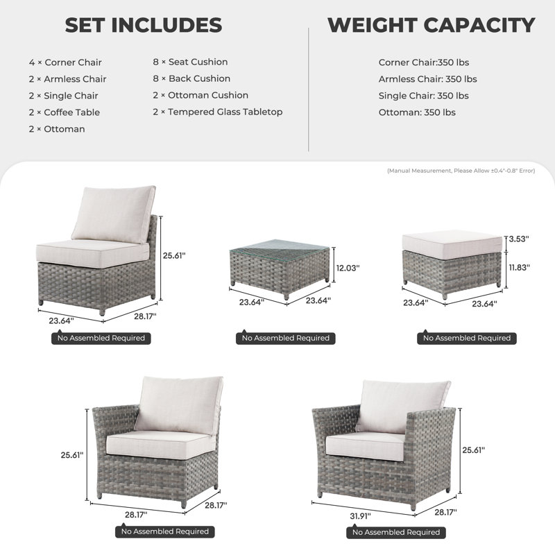 Cassville 8 - Person No Assembly Required Outdoor Conversation Set, Patio Wicker Sectional Seating Group with Cushions, All Weather Sofa Set with Optional Fire Pit Table for Garden Backyard