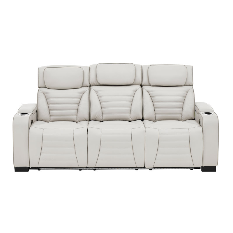85.5''Wide Breathable Leather Power Reclining Sofa With Drop Down Table And 2 Cup Holders, White