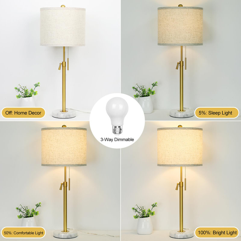 Adjustable Height Modern Table Lamps Set Of 2, 3-Way Dimmable LED Bulbs,  Fabric Shade, Gold/White