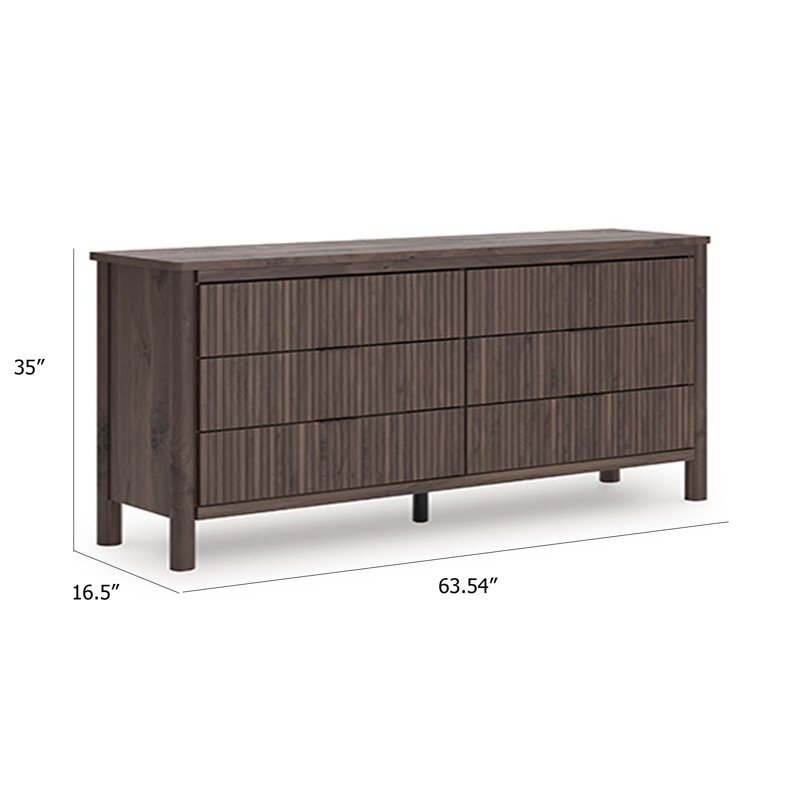 Commode large Pemy, 6 tiroirs, poignées noires, roseaux verticaux en bois brun