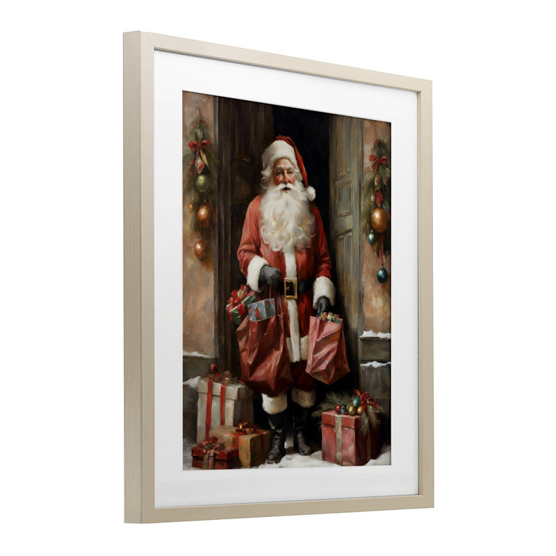 «Santa Claus on Doorstep», reproduction encadrée sous verre, conception de Jo Moulton, H 21 po x l 17 po