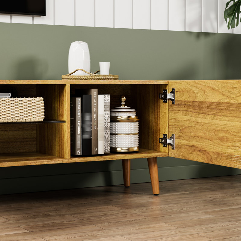 Le meuble télé moderne de style moderne Mid-Century, avec rangement de 70 pouces, rehausse l'espace de rangement central du meuble de divertissement. Compatible, élégant