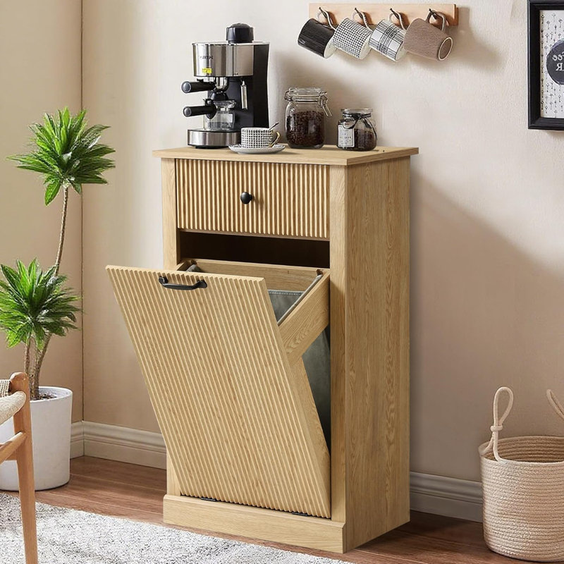 Armoire à linge inclinable de 35,8 po de hauteur, armoire à poubelle cannelée moderne avec tiroir, armoire à ordures cachée en bois pour la cuisine et la salle de bain