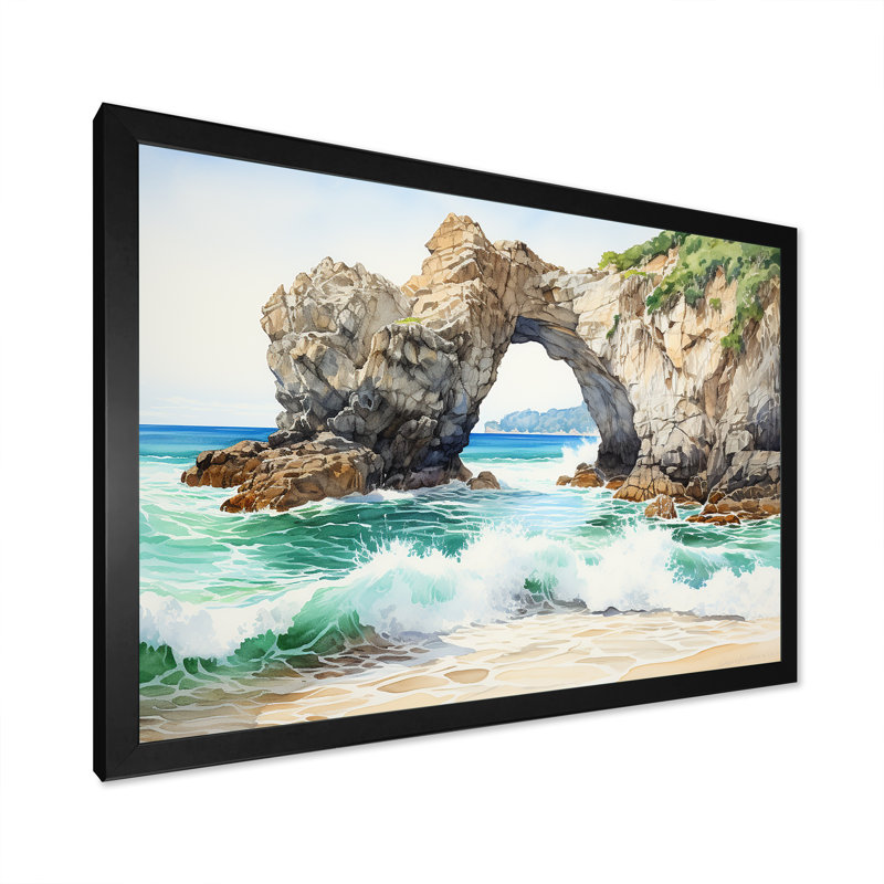 Coastal Rock Arch Beach 1 - Vagues côtières, art mural, Cadre d'angle fermé noir, H 12 po x l 20 po x P 1 po