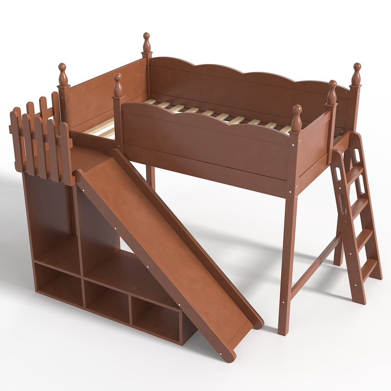 Grand lit mezzanine avec tablettes de rangement et garde-robe, lits mezzanine en bois massif avec glissières amovibles et échelles, aucun sommier nécessaire, naturel profond.