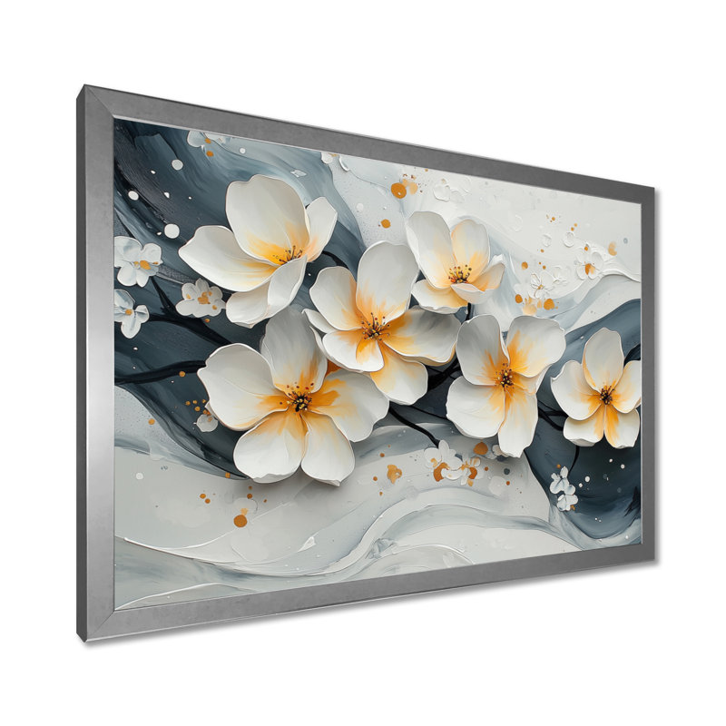 Velours fleur de cerisier noir II - impressions sur toile de fleurs de cerisier, H 34 po x l 44 po, Cadre simple, Argent