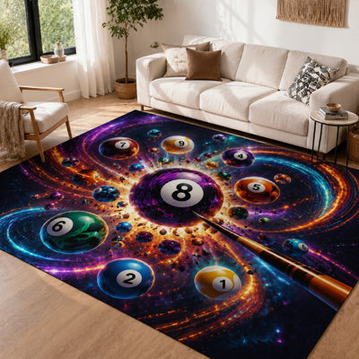 1 pièces de boules de billard au design abstrait vortex - motif cosmique vibrant, décor de salle de jeux unique, tapis de sol accrocheur, grand tapis rond pour la vie, la chambre à coucher, le jeu et le bar maison pour une utilisation intérieure