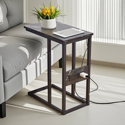 C Shaped End Table with Charging Station, Side Table with USB Ports & Outlets, Sofa Table, Coffee Table, Snack Table, Bedside Nightstand for Living Room & Bedroom