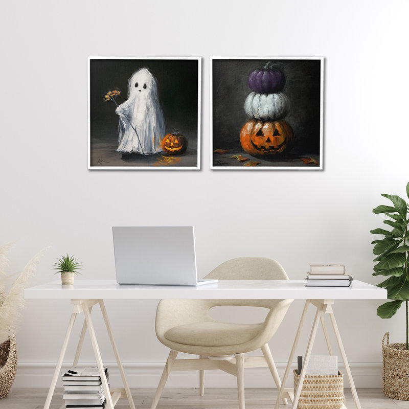 Ensemble de 2 giclées vintage d'Halloween fantôme et citrouille empilées, design par Lindsay Kivi Fine Art, H 17 po x l 17 po