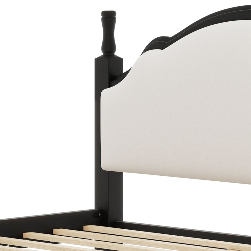 Élégant cadre de lit plateforme en bois avec tête de lit tapissier, Beige + noir