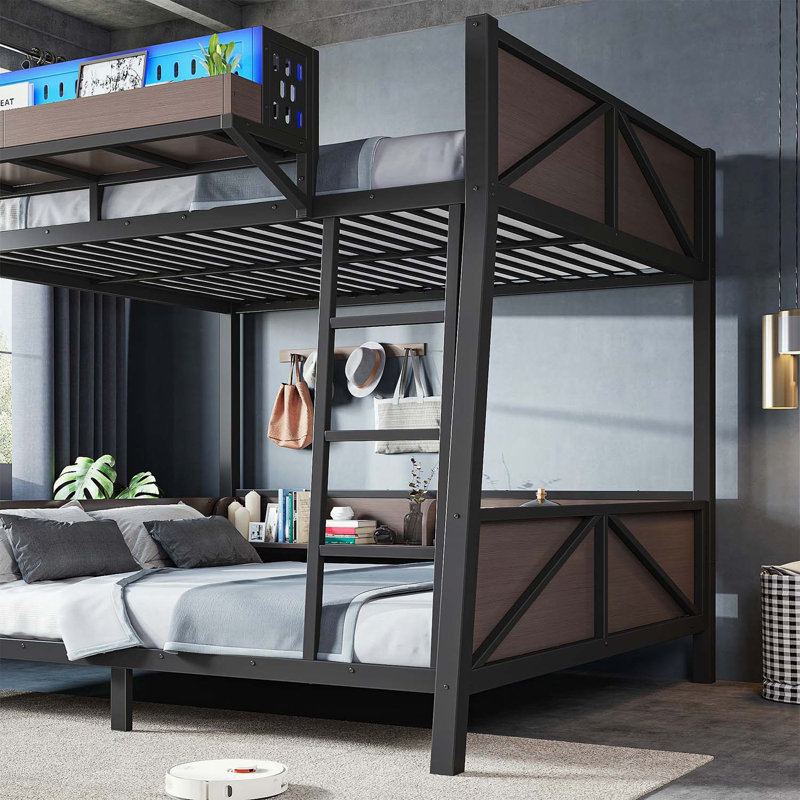 Lit superposé double avec tablettes de rangement, structure en métal de taille simple avec lumière DEL et ports USB pour enfants et adolescents, noir