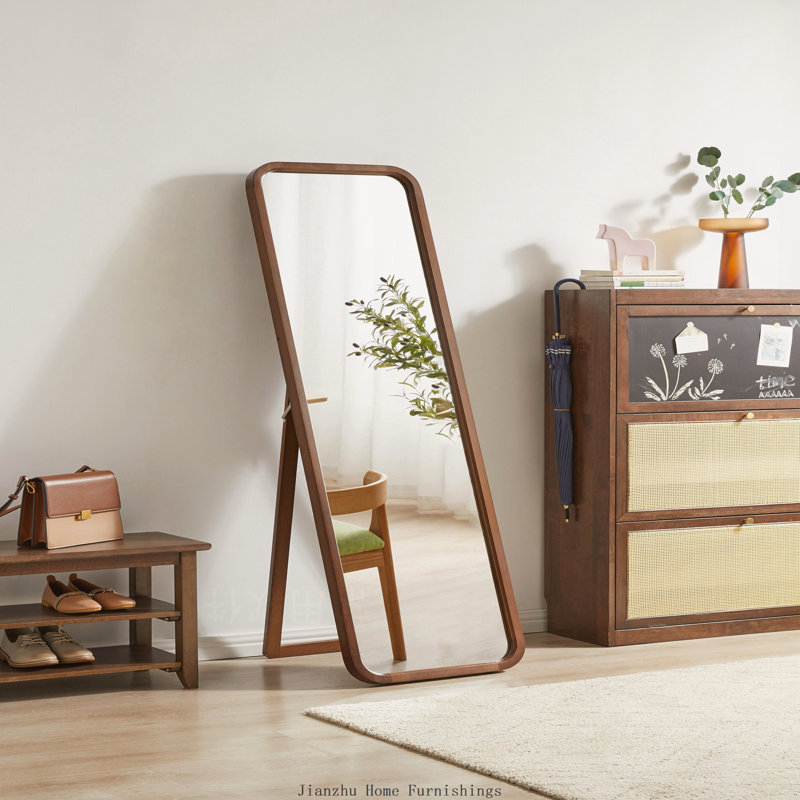 Solid Beech Wood Full Length Floor Mirror, Freestanding with Stand, Walnut Finish
