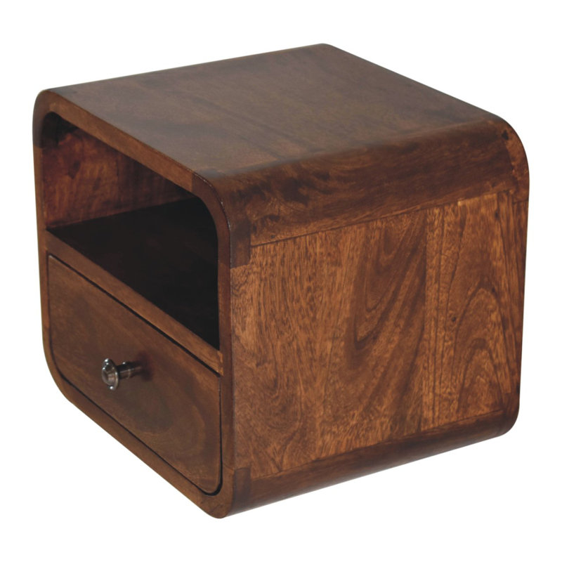 Extra Mini Wall Mounted Curved Oak-Ish Bedside With Open Slot, Brown