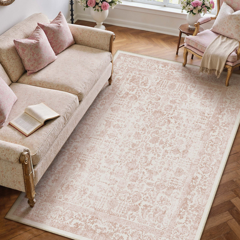 Kitty Machine Washable Vintage Area Rug With Non-Slip Backing, Rectangle 4' x 6', Pink, 0.28"