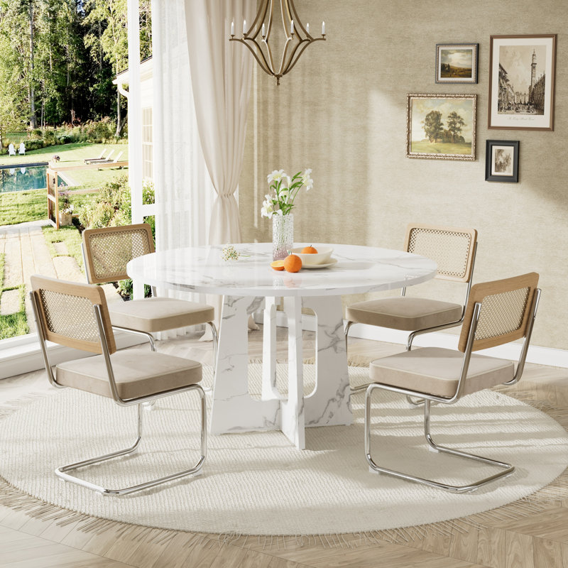 47 Inch Farmhouse Round Dining Kitchen Table Set for 4, Beige, 5 Pieces: Table, 4 Chairs, White