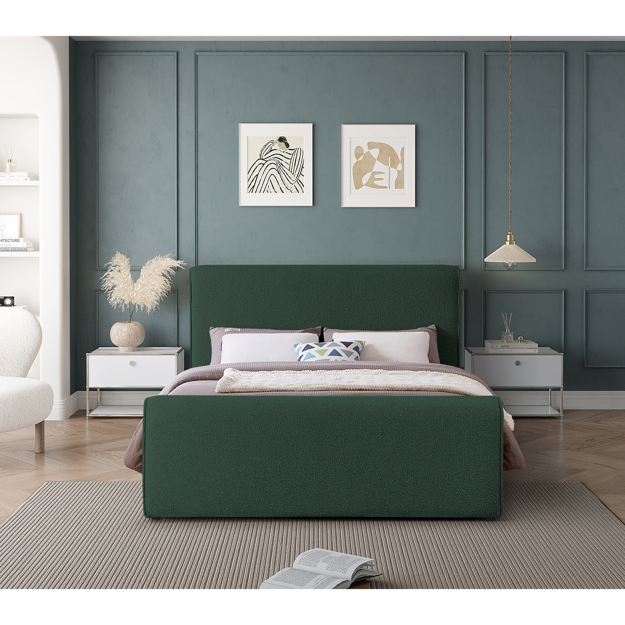 Chaylin Upholstered Bed, Green Boucle Fabric, King