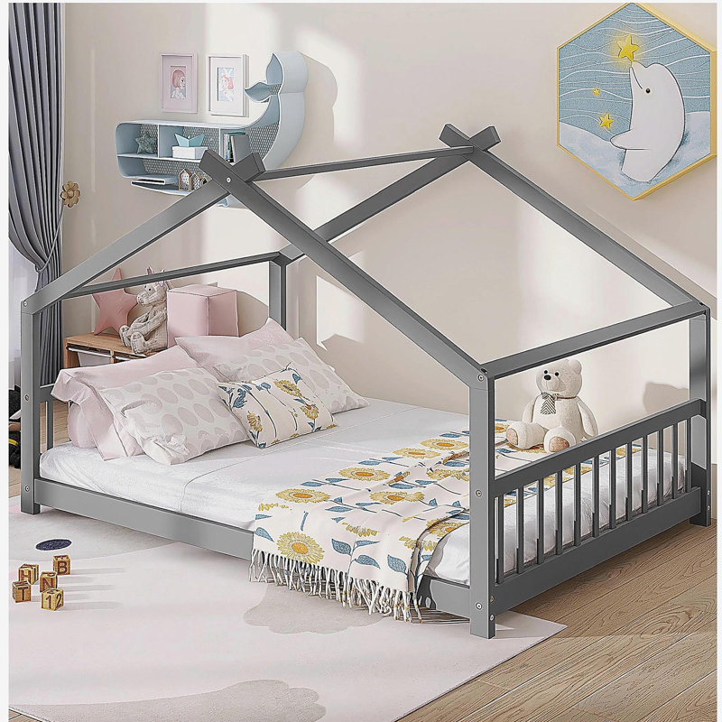 Lit double en bois, gris