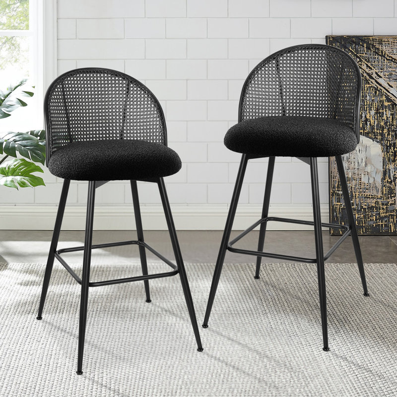 Black Metal Swivel Bar Stools with Rattan Backs, Set of 3