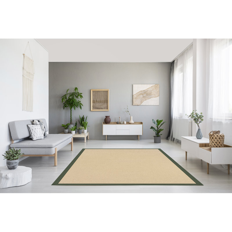 Tapis berbère beige clair avec bordure en coton vert fait à la main Nannette, Rectangulaire 8 pi x 11 pi