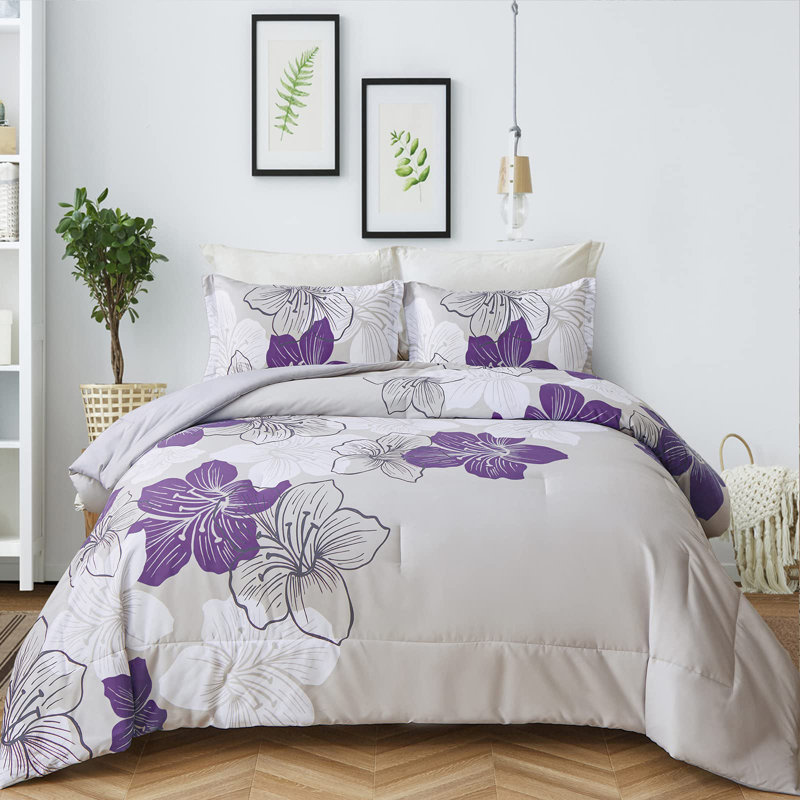 Ensemble d'édredon 3 pièces Floral Bedding, Édredon pour grand lit + 2 taies décoratives pou, Mauve
