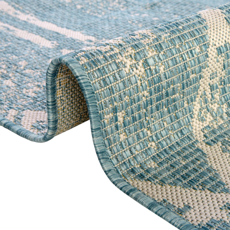 Medford Geometric Machine Woven Rectangle Polypropylene Indoor / Outdoor Area Rug in Light Aqua/Ivory, Runner 2' x 4'1"