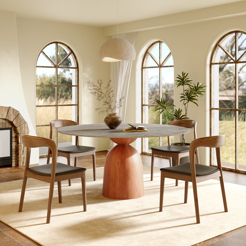 Mid-Century Modern Round Dining Table, 39"/43"/47"/53"/59" Sintered Stone Top, Solid Wood Base, Farmhouse Kitchen Table, Stain & Scratch Resistant