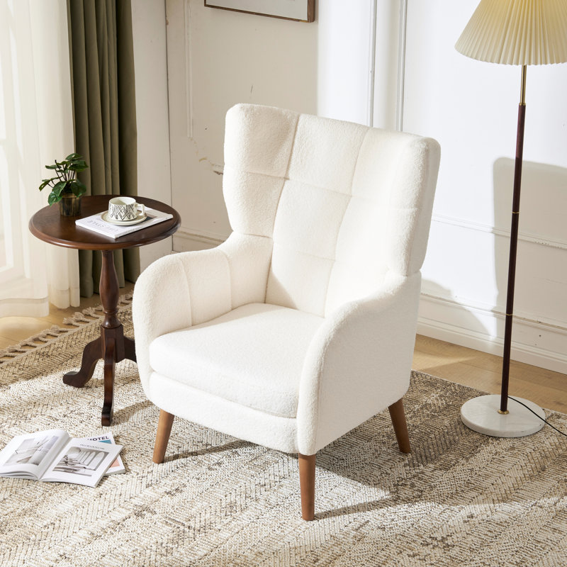 Chaise d'appoint à haut dossier 41 po, fauteuil en peluche rembourré en laine épaisse, fauteuil confortable avec pieds en bois de bouleau, blanc