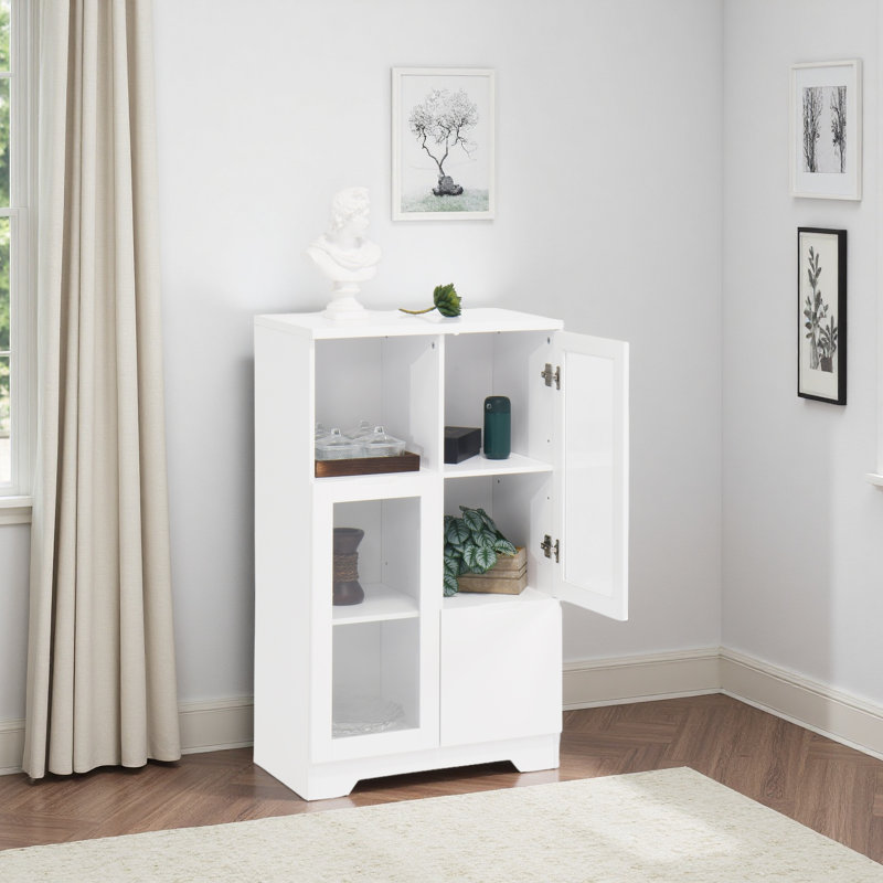 MDF Painted Cabinet With Glass Doors And Drawer, Open Storage Space, White