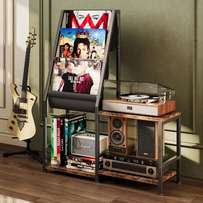 Record Player Stand With Vinyl Record Storage, 3-In-1 Record Cabinet & Turntable Stand, Fits 200 Albums, Vintage Media Storage Organizer