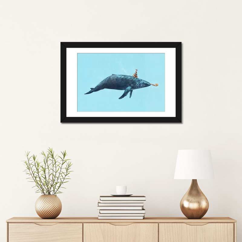 Art sur toile, "soirée baleine paysage", H 16 po x l 24 po x P 1 po, Papier d'art encadré noir, Blanc